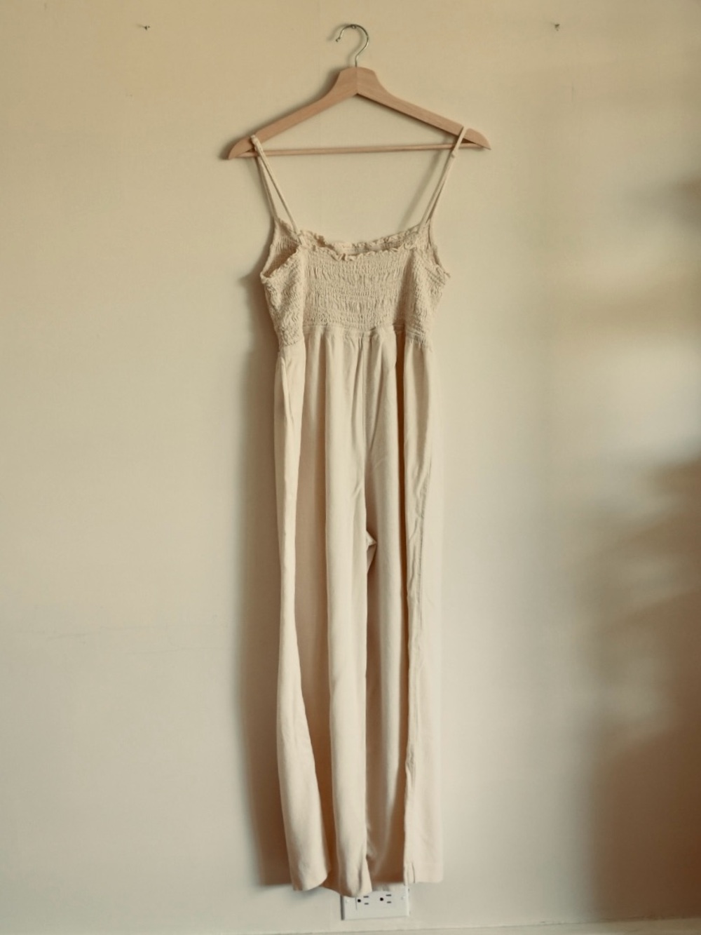 H&M Linen Blend Smocked Jumpsuit Large Butter Yellow Wide Leg